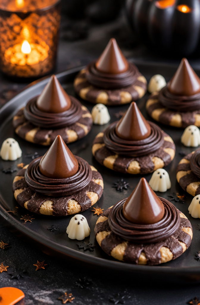 19 Spooky Snack Ideas for Halloween Party 13 Witch hats made from fudge stripe cookies and Hershey's Kisses.