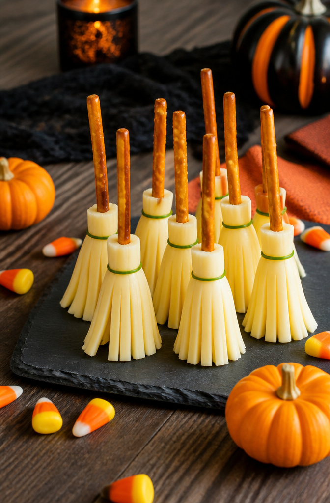 19 Spooky Snack Ideas for Halloween Party 3 String cheese cut into broomsticks with pretzel handles.