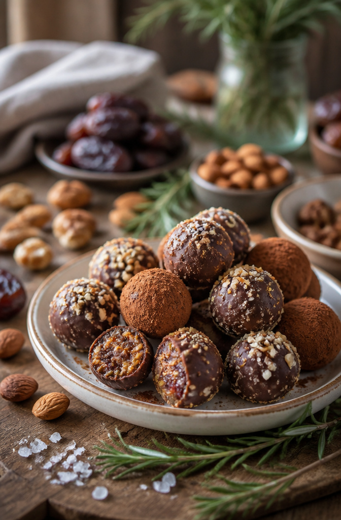 15 Easy Thanksgiving Desserts for a Stress-Free Holiday Table 12 A plate of chocolate-covered truffles with nuts and cocoa powder.