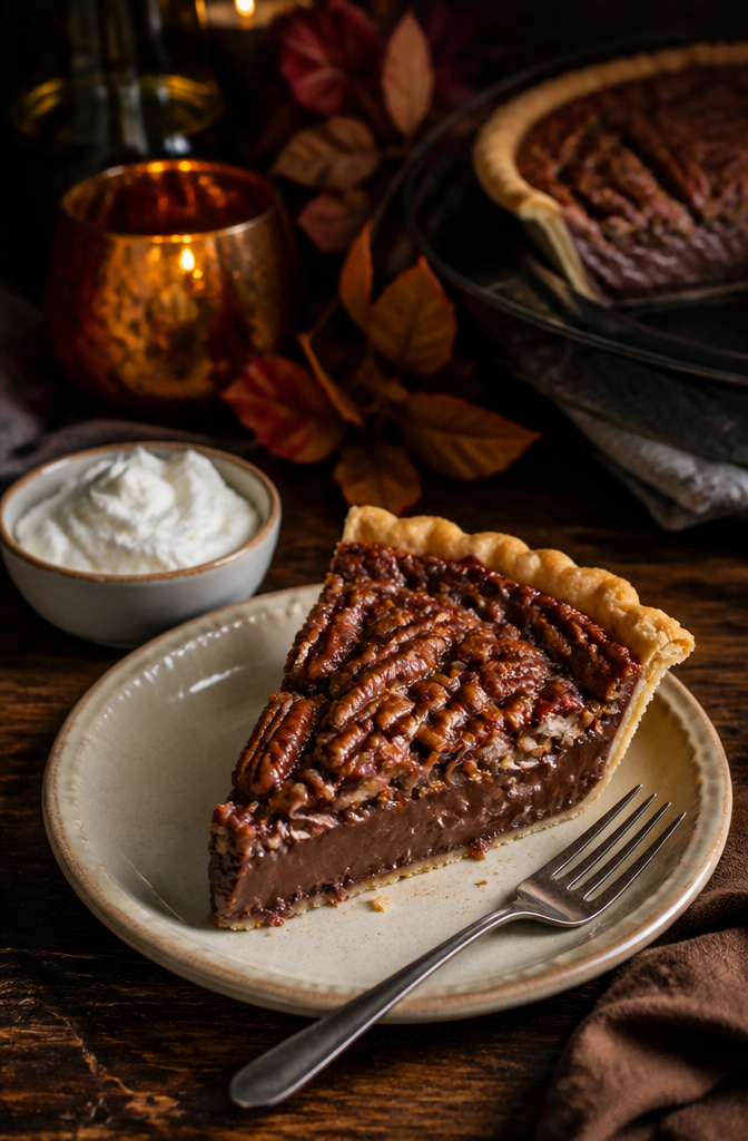15 Easy Thanksgiving Desserts for a Stress-Free Holiday Table 6 A slice of chocolate pecan pie on a cream-colored plate.