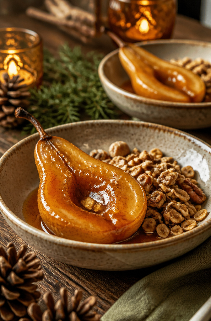 15 Easy Thanksgiving Desserts for a Stress-Free Holiday Table 10 Halved baked pears topped with maple syrup in a bowl.