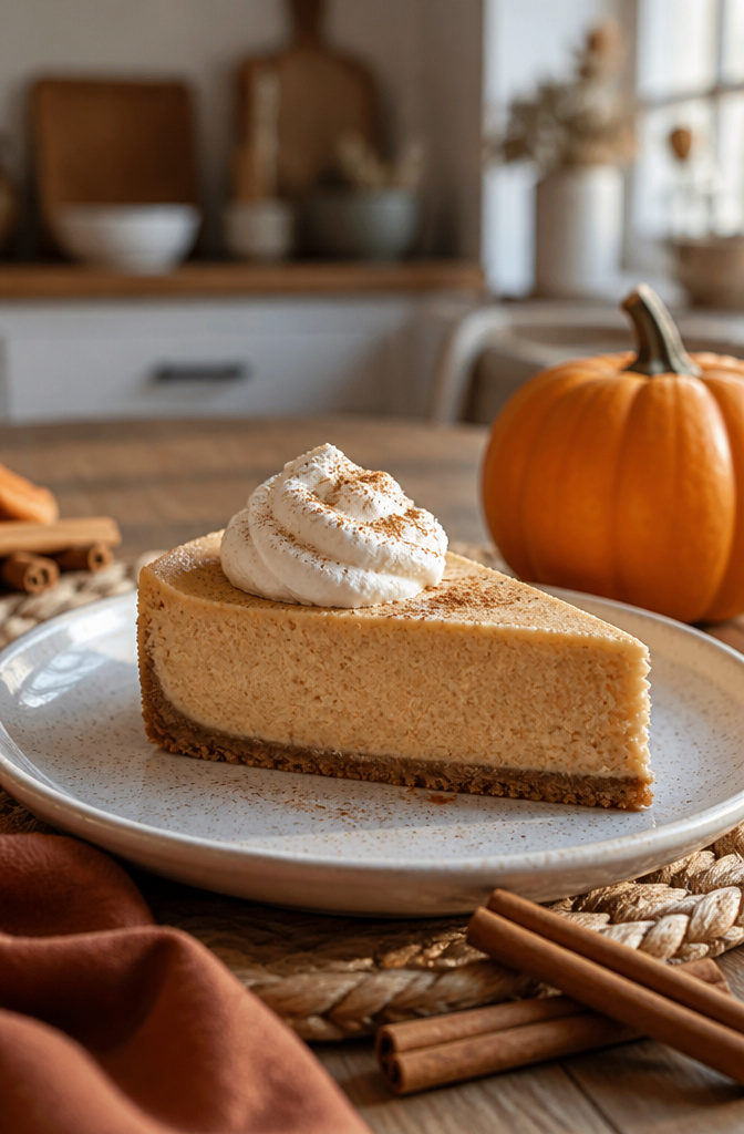 15 Easy Thanksgiving Desserts for a Stress-Free Holiday Table 11 A slice of no-bake pumpkin cheesecake on a dessert plate.