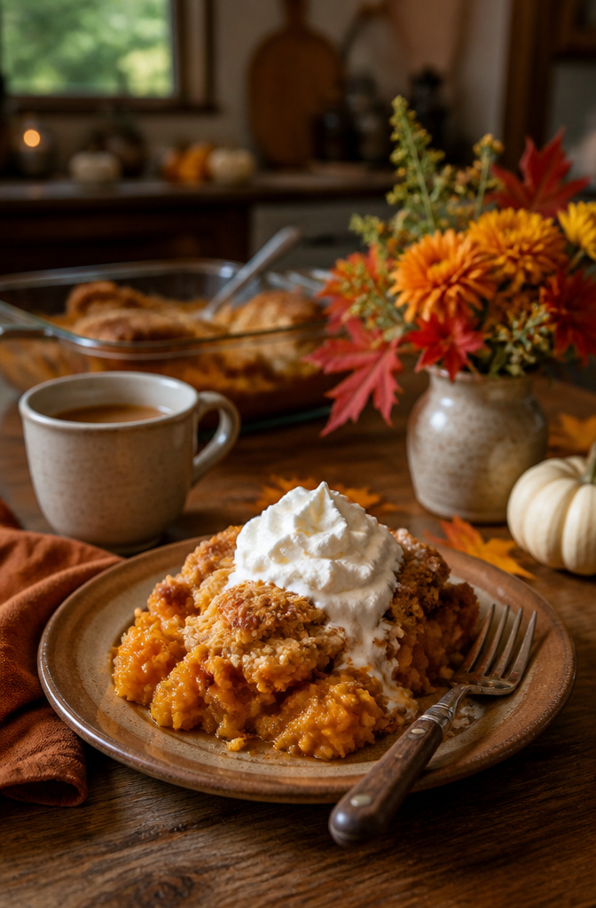 15 Easy Thanksgiving Desserts for a Stress-Free Holiday Table 4 Pumpkin dump cake on a plate with a dollop of whipped cream.