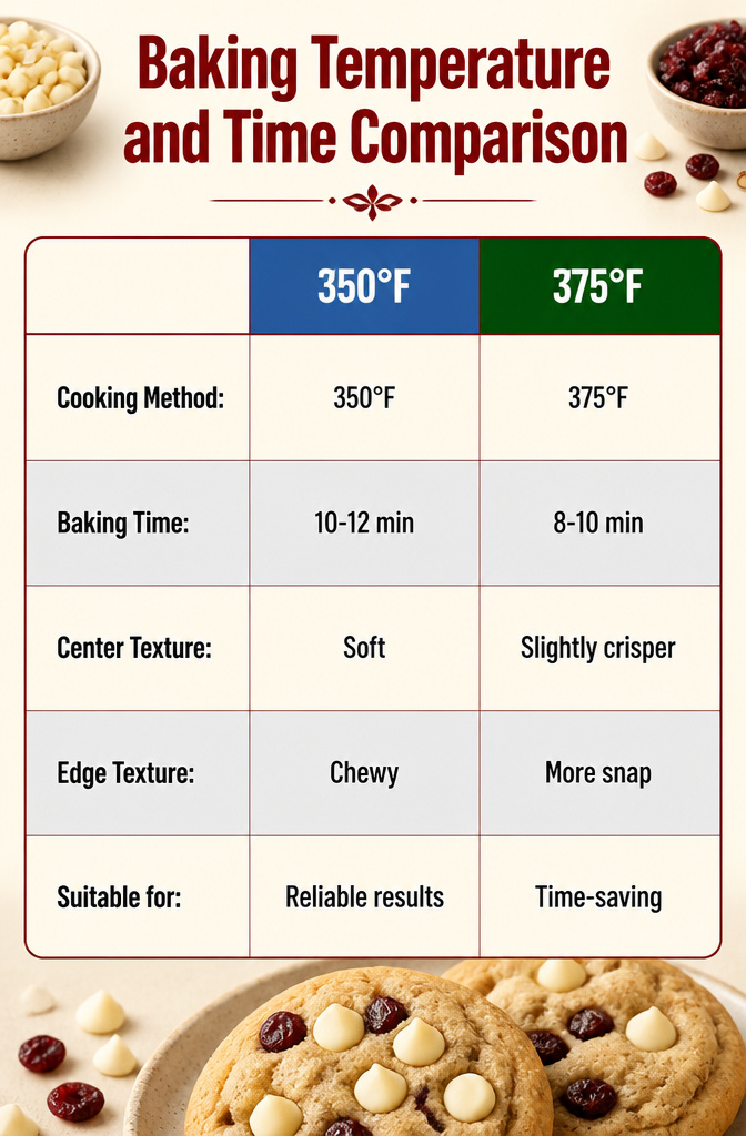 Baking temperature and time comparison for white chocolate cranberry cookies.