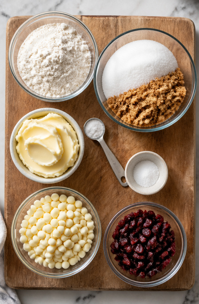 Ingredients for white chocolate cranberry cookies on a wooden surface.