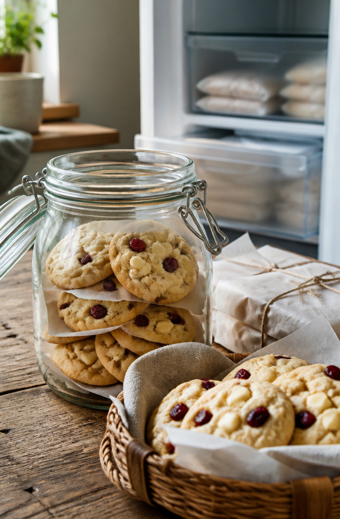 Glass jar filled with baked white chocolate cranberry cookies.