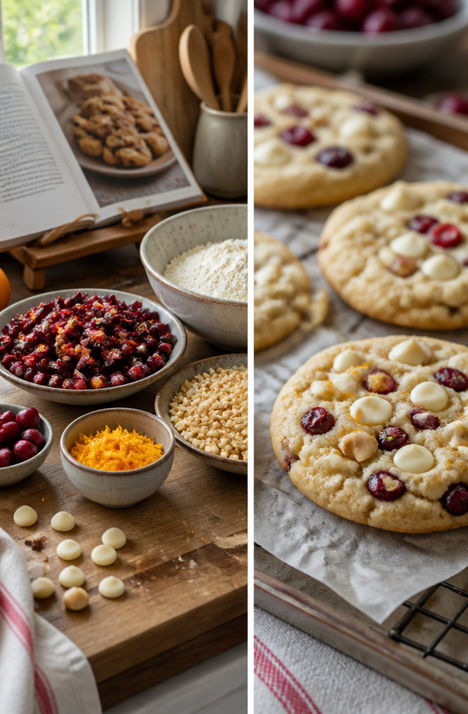 Ingredients for variations of white chocolate cranberry cookies on a table.
