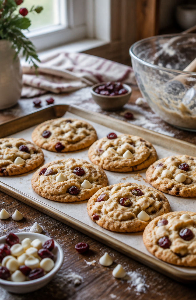 A tray of golden-brown white chocolate cranberry cookies in a kitchen.