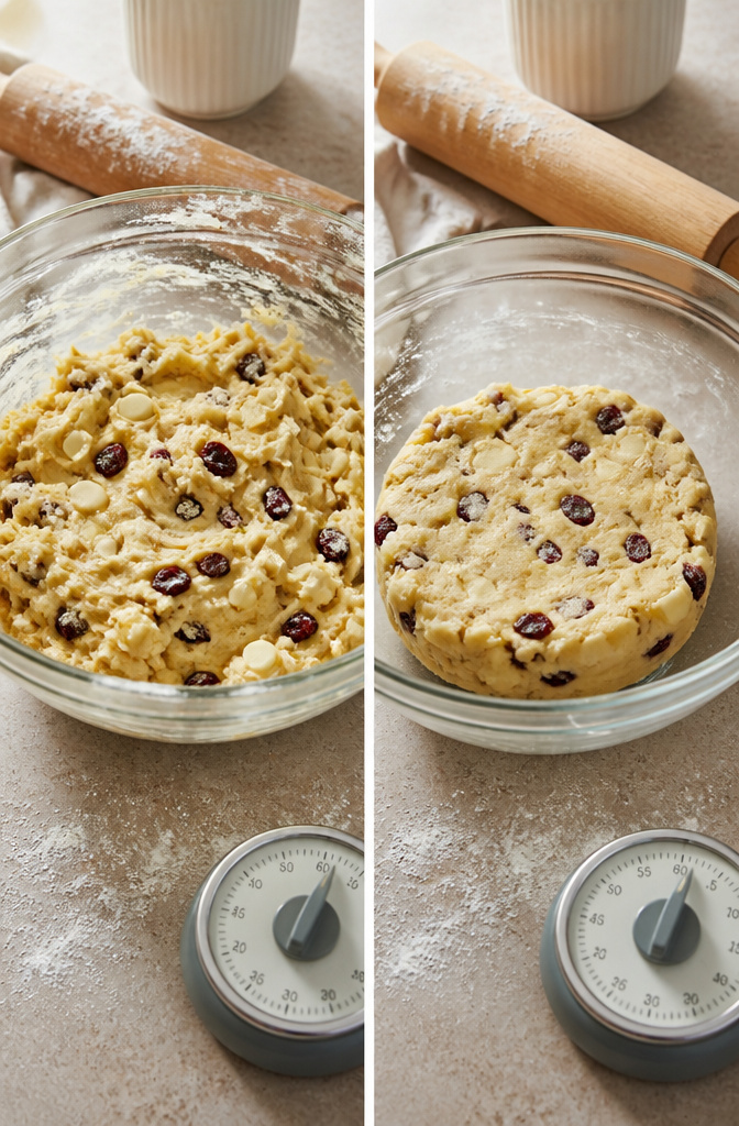 Chilled cookie dough prepared for baking white chocolate cranberry cookies.