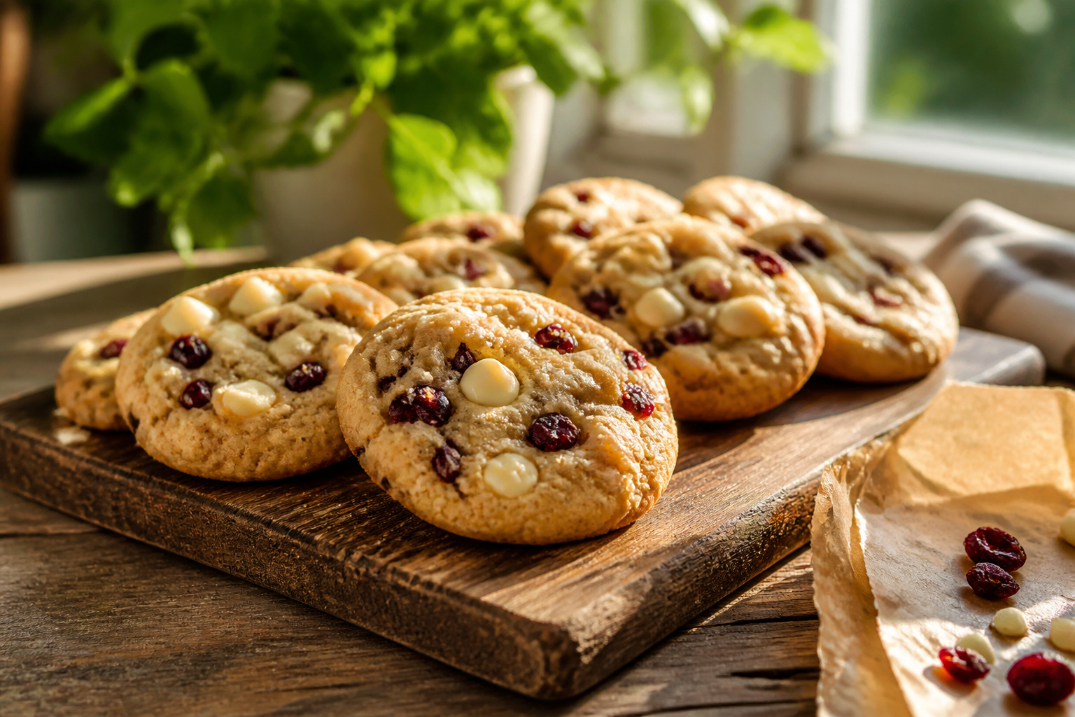 Freshly baked white chocolate cranberry cookies on a tray in a kitchen.