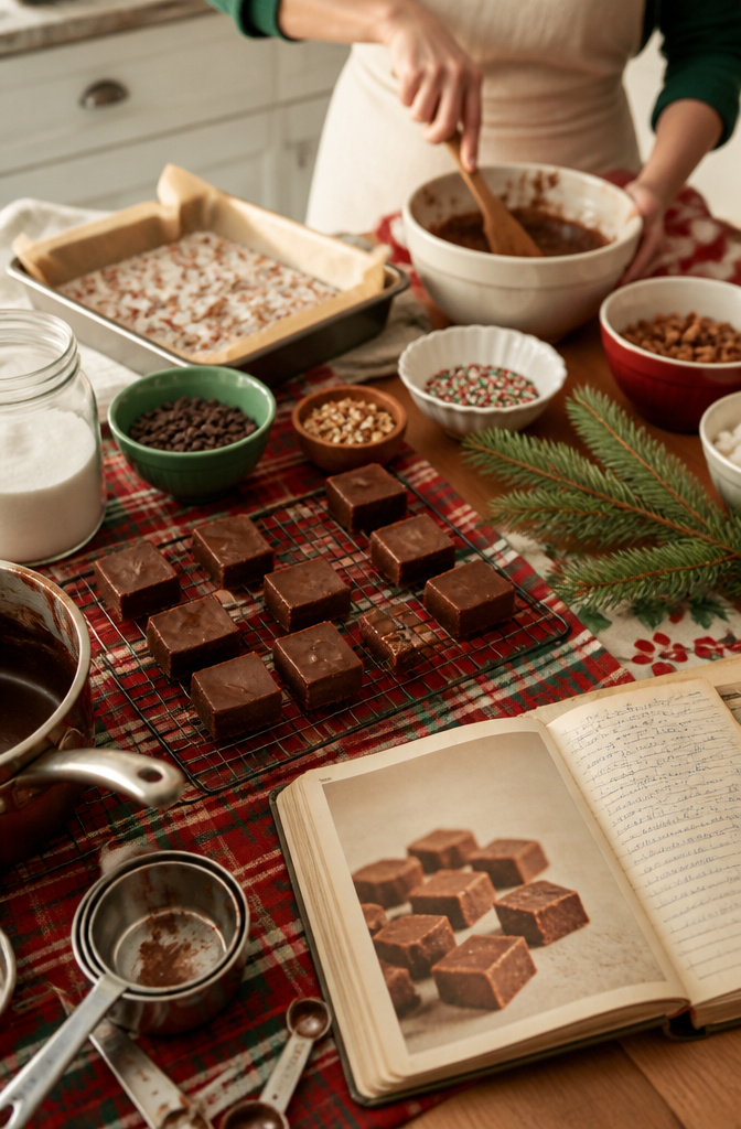 9 Xmas Baking Ideas: Holiday Desserts, Cookies, Cakes & Gifts 5 A kitchen counter with holiday baking ingredients and fudge cooling on a rack.