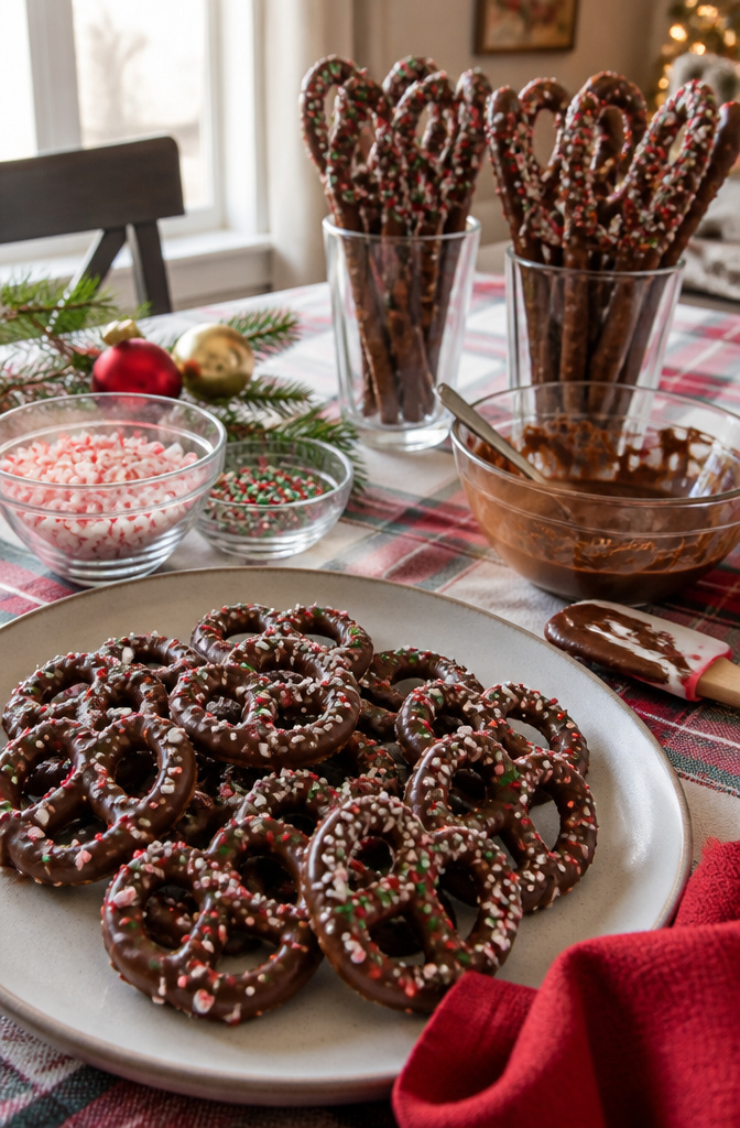 9 Xmas Baking Ideas: Holiday Desserts, Cookies, Cakes & Gifts 13 Chocolate-covered pretzels sprinkled with candy bits on a table.