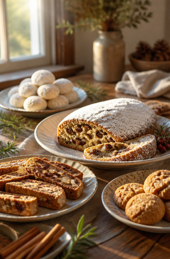 9 Xmas Baking Ideas: Holiday Desserts, Cookies, Cakes & Gifts 12 Biscotti and stollen displayed as examples of holiday baked goods.
