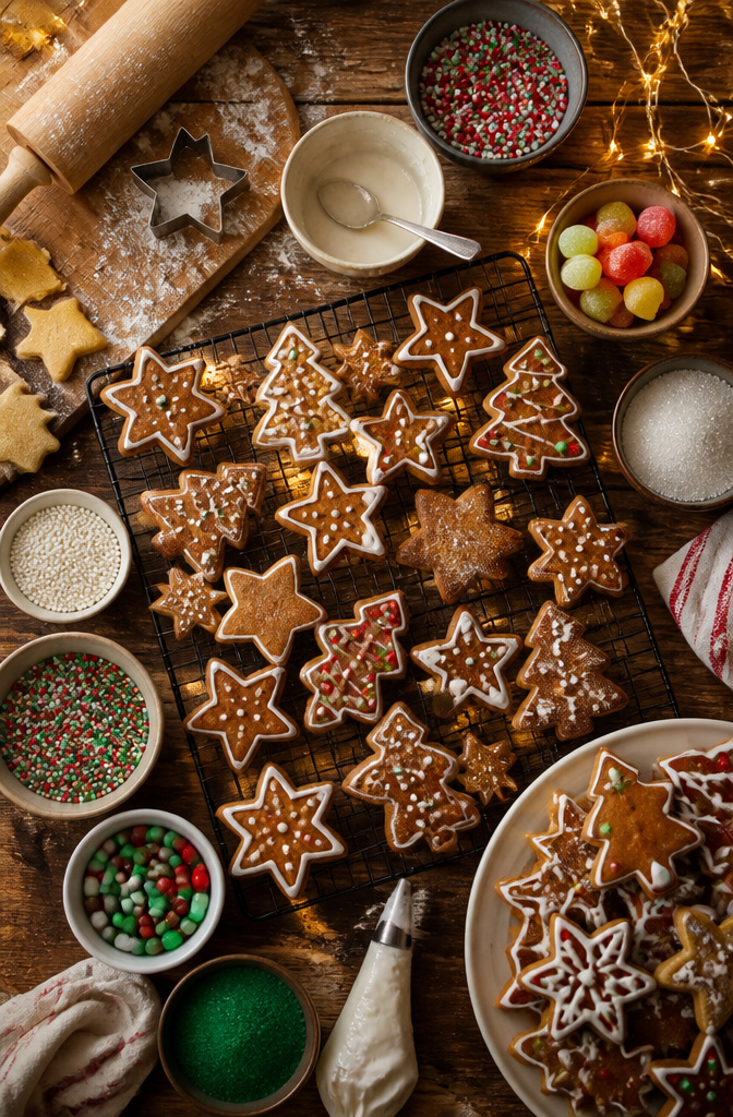 9 Xmas Baking Ideas: Holiday Desserts, Cookies, Cakes & Gifts 3 Gingerbread and sugar cookies arranged on a baking sheet.