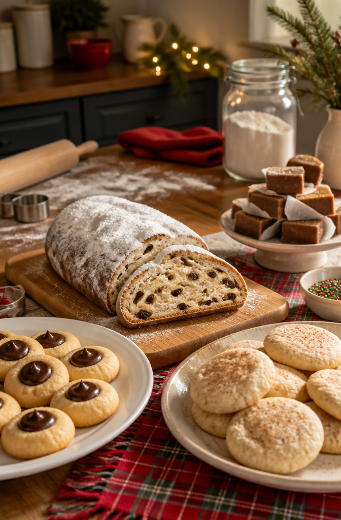 9 Xmas Baking Ideas: Holiday Desserts, Cookies, Cakes & Gifts 10 Christmas stollen surrounded by an array of holiday desserts.