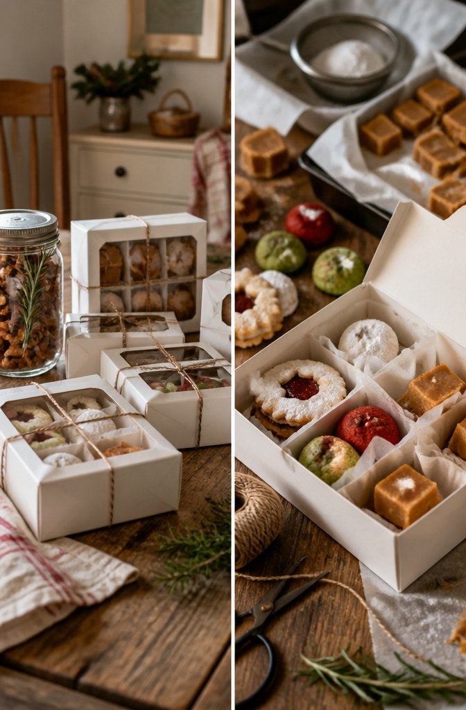 9 Xmas Baking Ideas: Holiday Desserts, Cookies, Cakes & Gifts 6 Homemade cookies and fudge in decorative boxes ready for gifting.