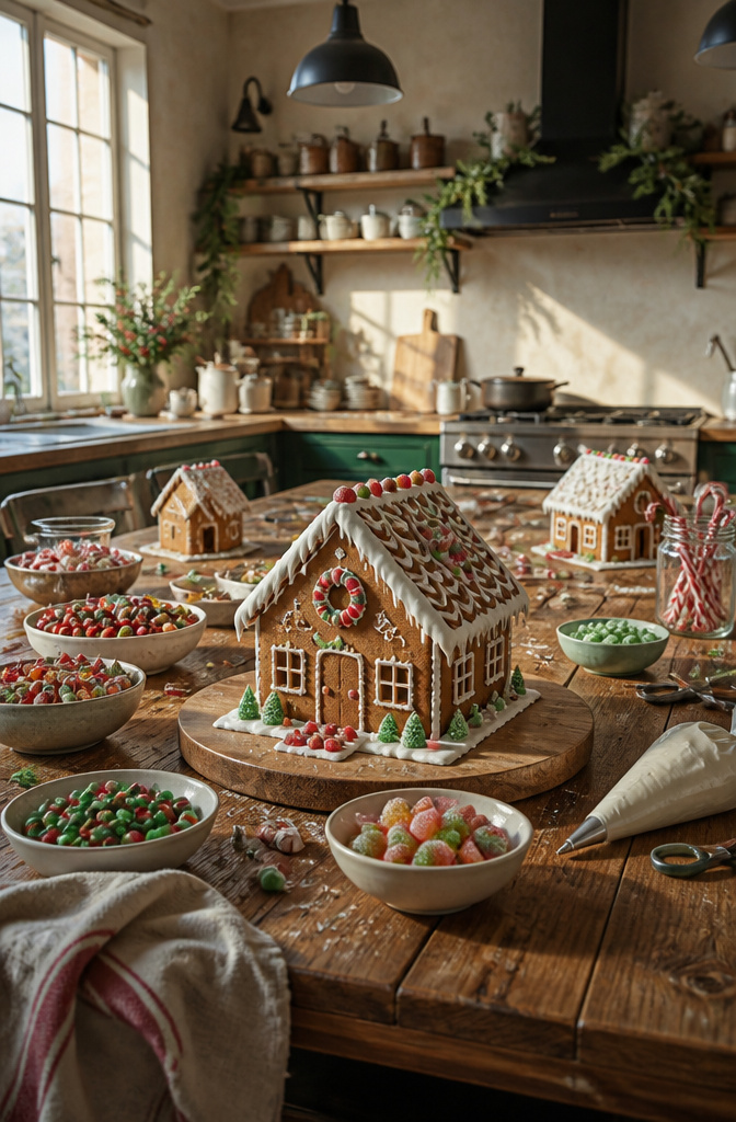 9 Xmas Baking Ideas: Holiday Desserts, Cookies, Cakes & Gifts 11 A gingerbread house assembled with royal icing and decorated with candy.