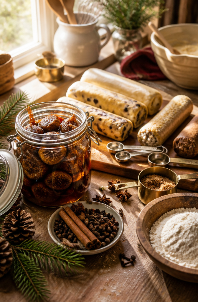 9 Xmas Baking Ideas: Holiday Desserts, Cookies, Cakes & Gifts 8 Baking ingredients and tools spread across a busy kitchen counter.