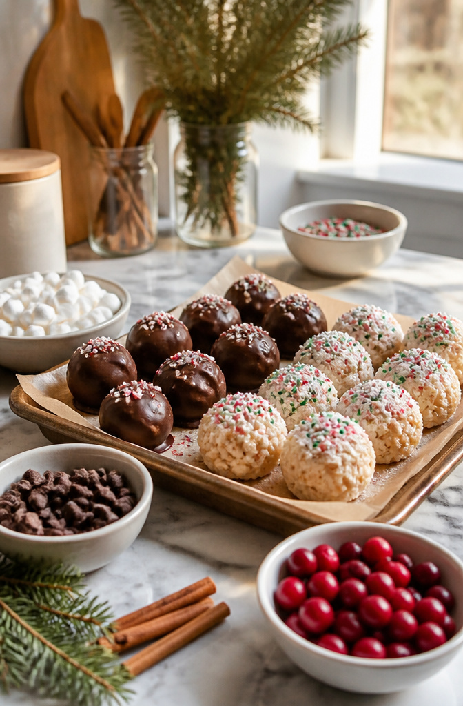 9 Xmas Baking Ideas: Holiday Desserts, Cookies, Cakes & Gifts 2 Chocolate Cheesecake Truffles and Peppermint Rice Krispies Treats on a kitchen counter.