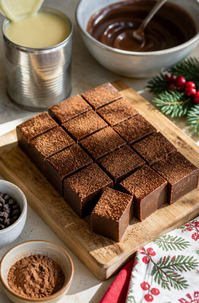 9 Xmas Baking Ideas: Holiday Desserts, Cookies, Cakes & Gifts 7 No-bake chocolate fudge sliced into squares on a cutting board.