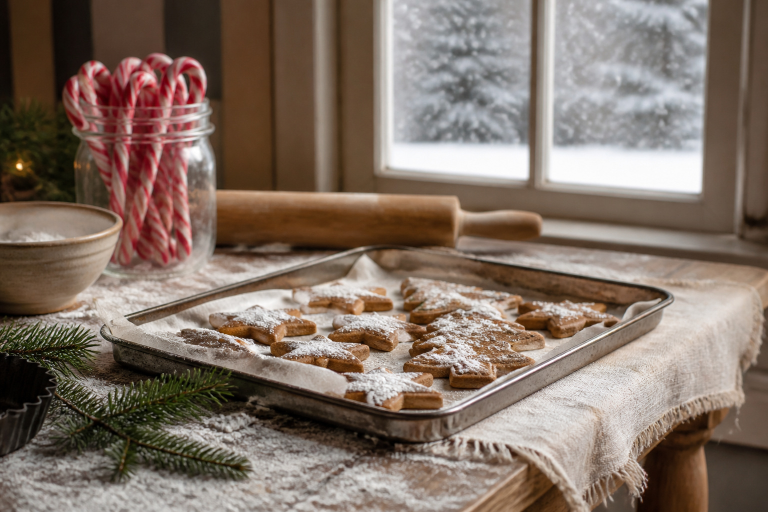 A variety of holiday desserts and treats arranged on a kitchen countertop.