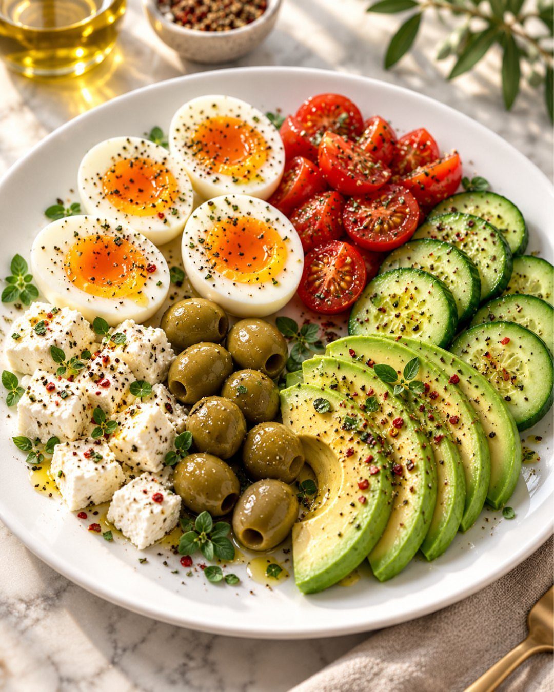 Hard-boiled eggs and avocado slices with tomatoes, cucumbers, olives, and feta on a plate.