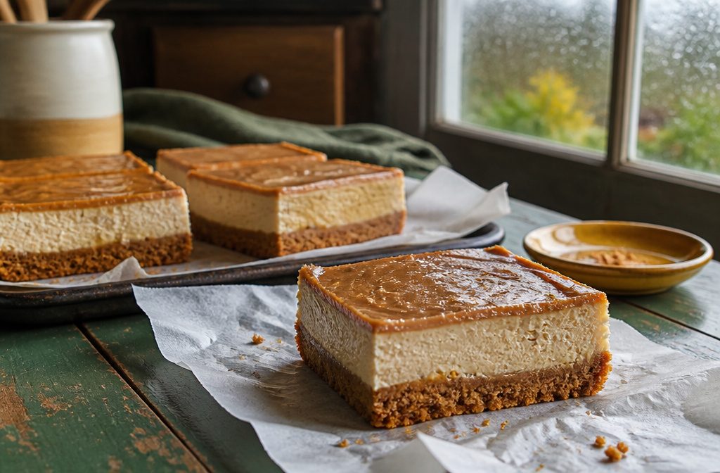 Biscoff cheesecake bars with a cookie crumb crust and glossy cookie butter topping