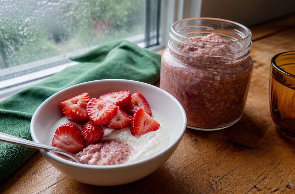 Fresh strawberries beside yogurt, oatmeal, and oat bars on a breakfast table