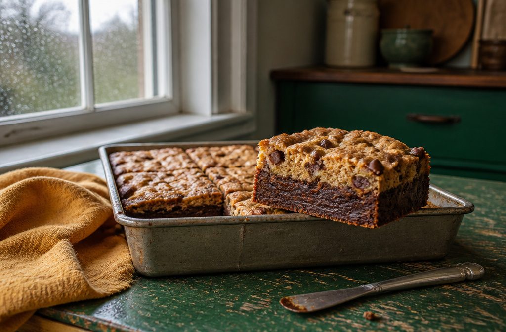 Layered brownie and chocolate chip cookie bar with distinct top and bottom layers