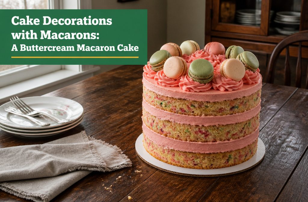 Buttercream cake topped with colorful French macarons and rainbow sprinkles