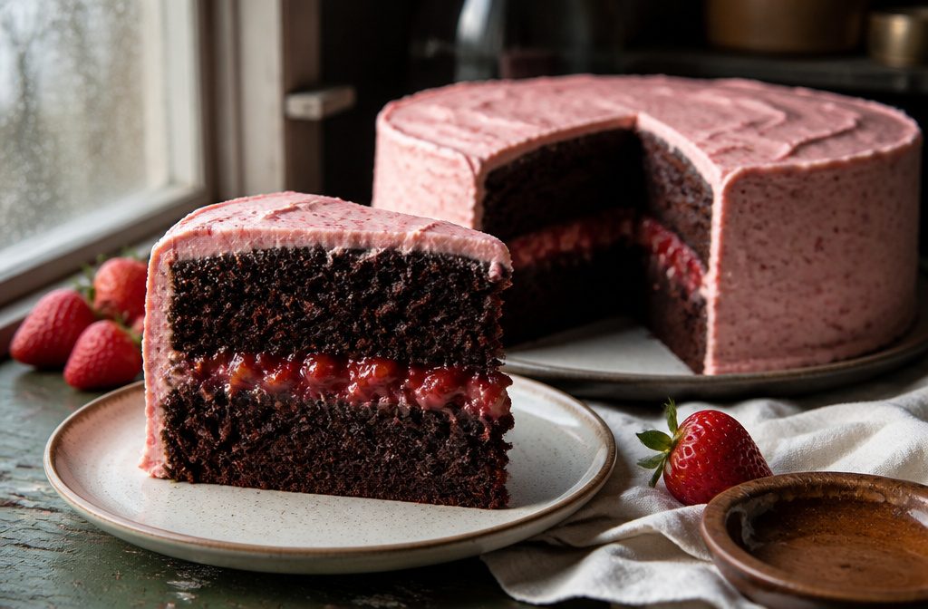 Chocolate cake topped with fresh strawberries and glossy ganache