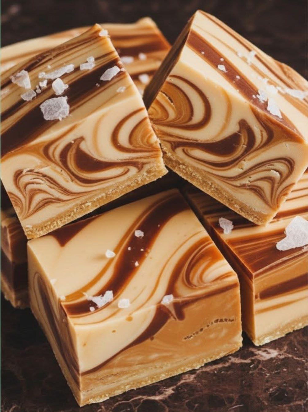Swirled caramel and cream fudge squares topped with sea salt on dark marble.