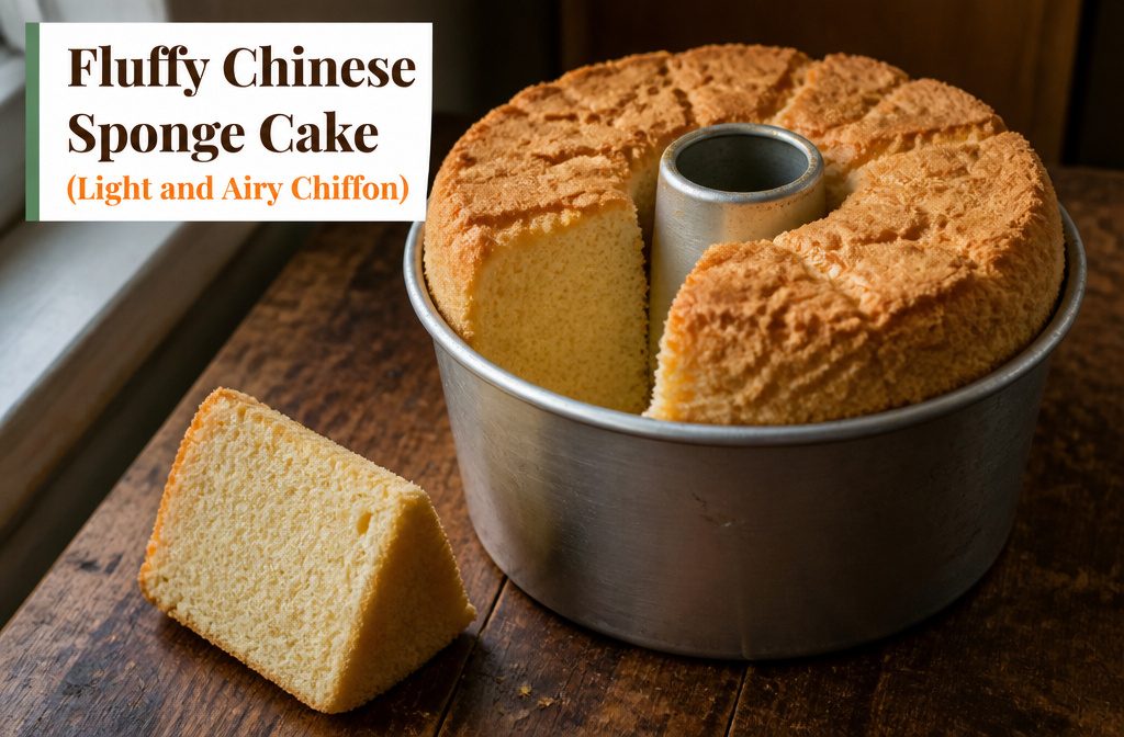 Golden Chinese sponge cake with a tall rounded top and soft crumb