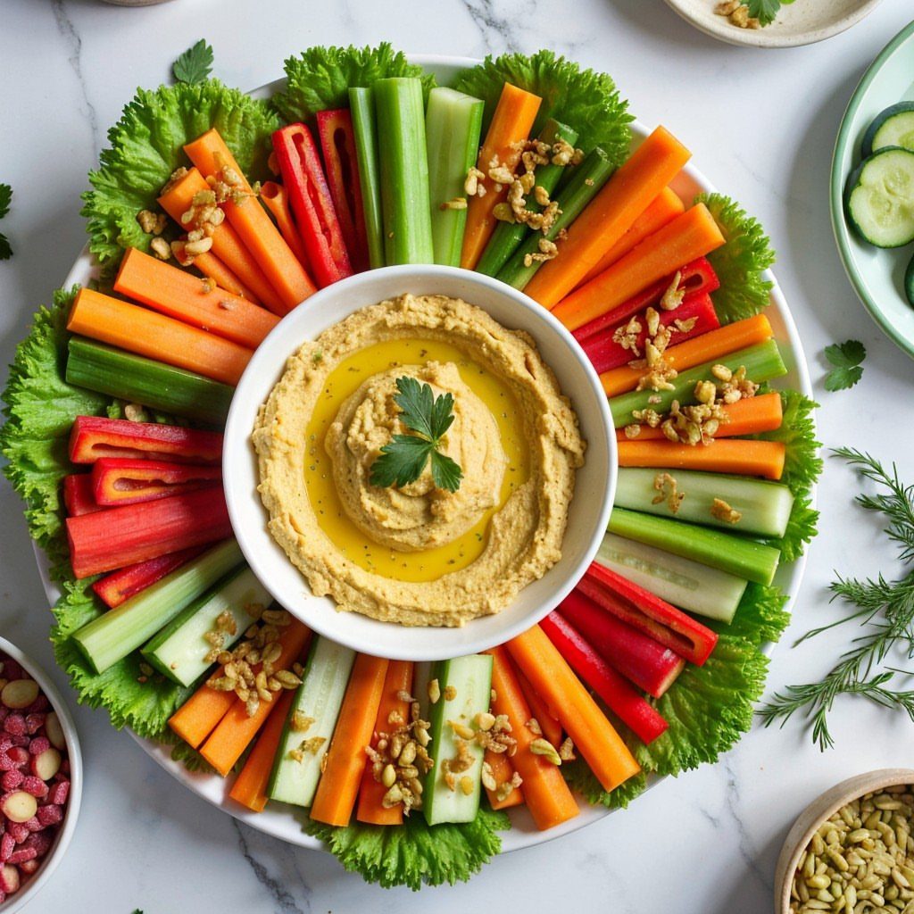 Hummus in a white bowl surrounded by colorful raw vegetable sticks on lettuce.