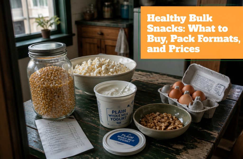 Fresh fruit vegetables nuts and packaged snacks arranged for a grab-and-go spread