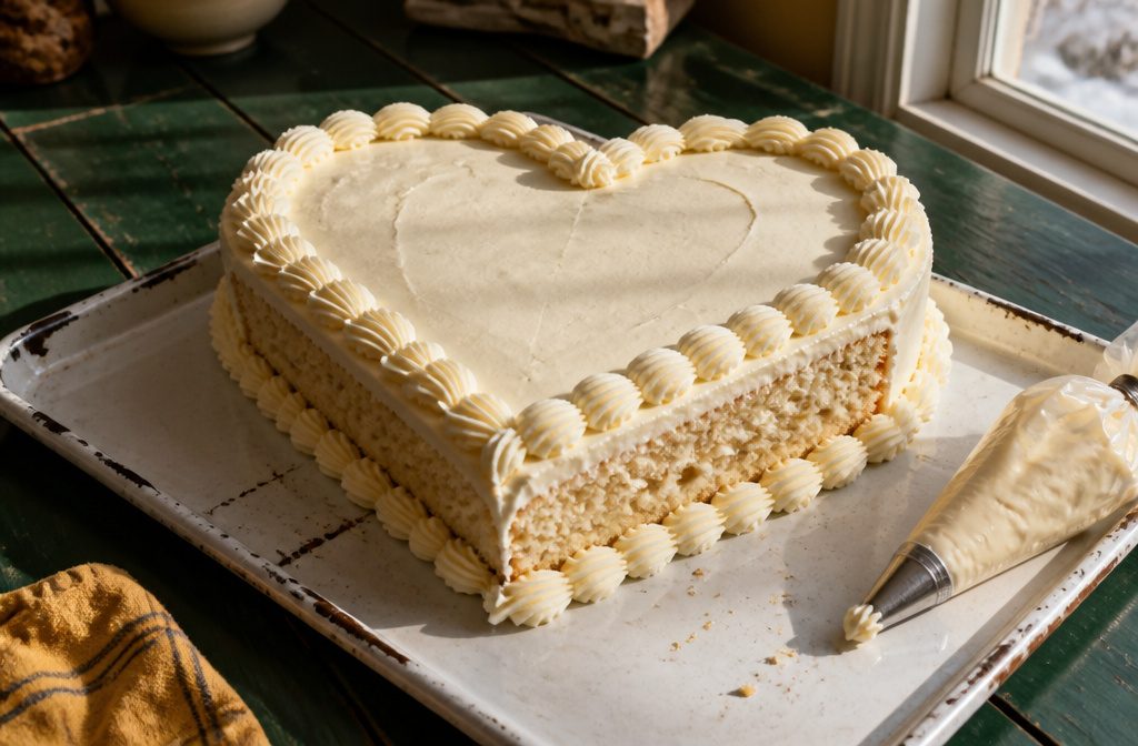 Heart-shaped cake with pale frosting and piped decorations