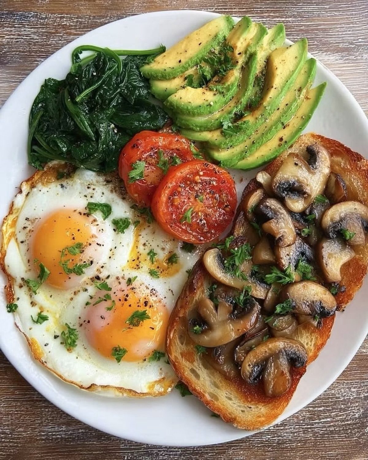 Healthy breakfast plate with eggs, avocado, spinach, roasted tomatoes, and mushroom toast.