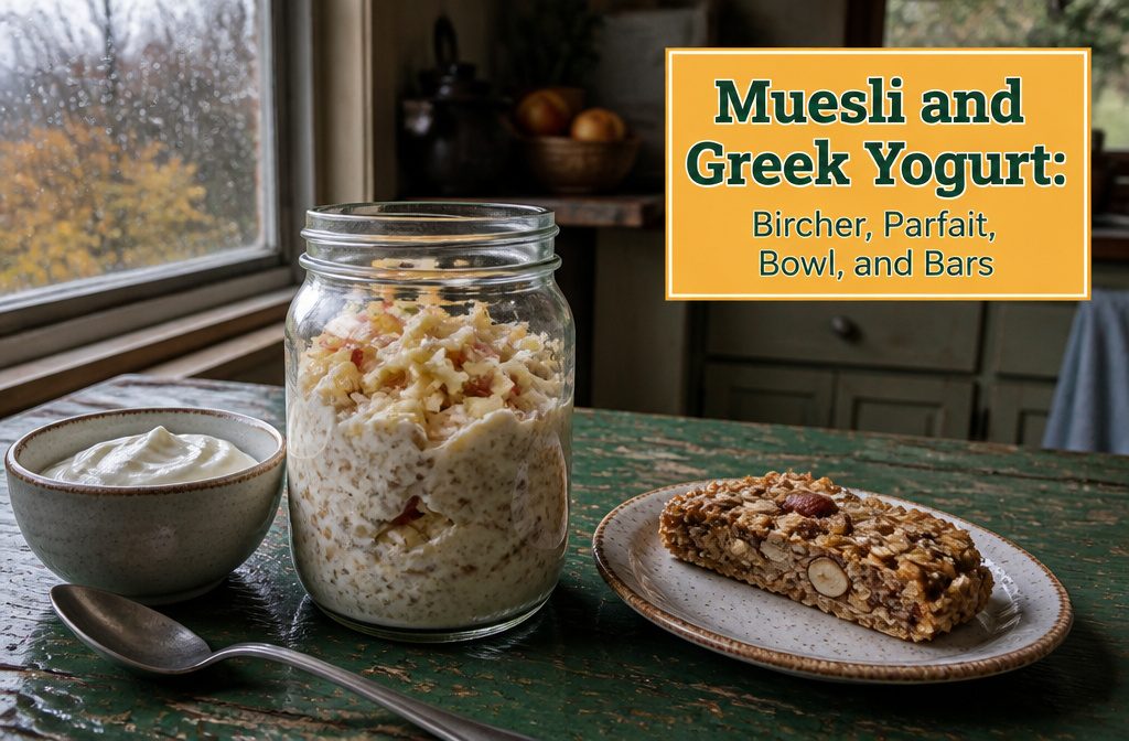 Muesli and Greek yogurt in a breakfast bowl topped with fruit