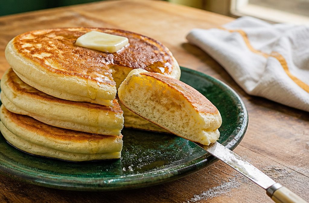 Stack of pancakes with golden tops and a pat of butter