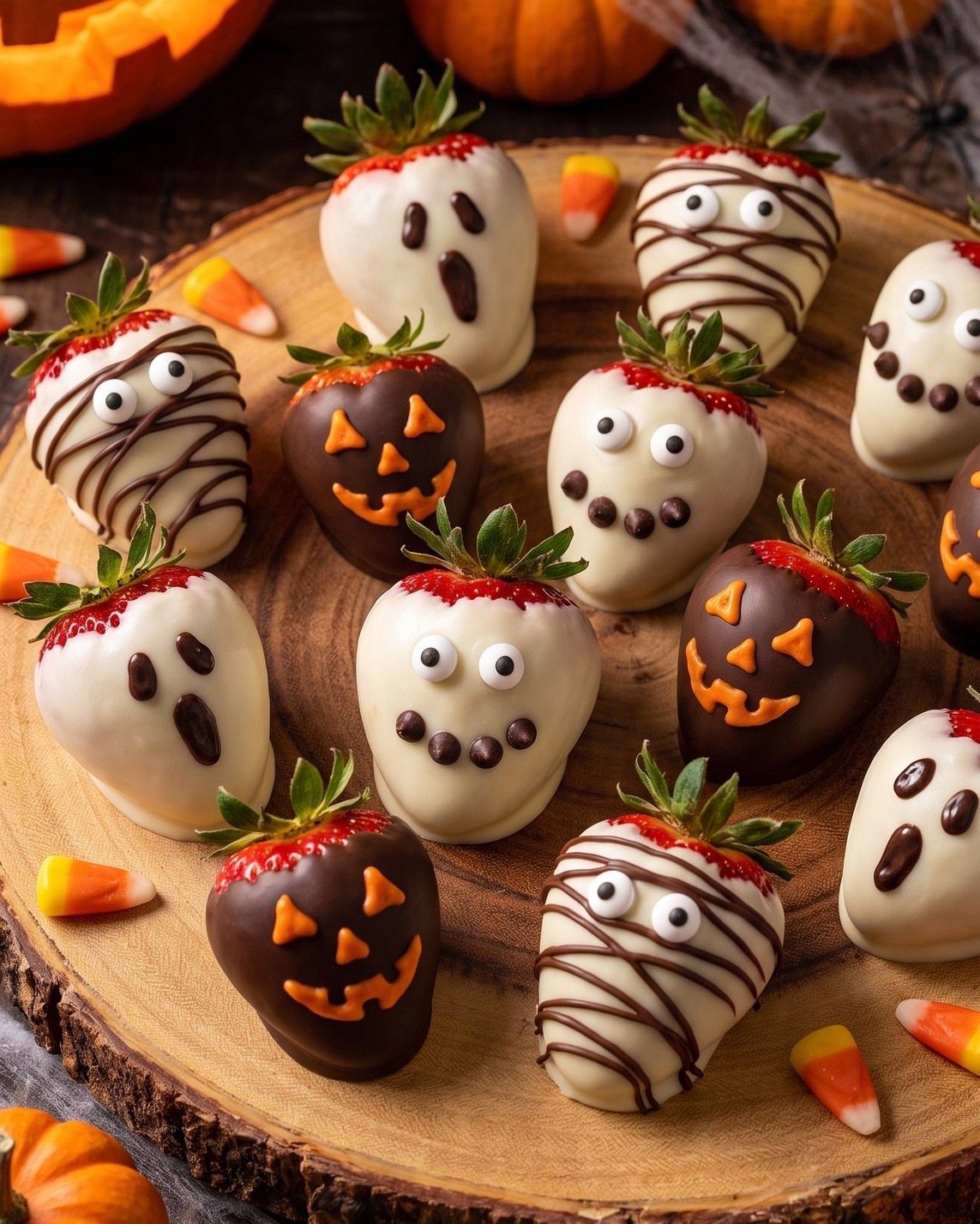 Chocolate-dipped strawberries decorated as Halloween characters on a rustic wooden platter.