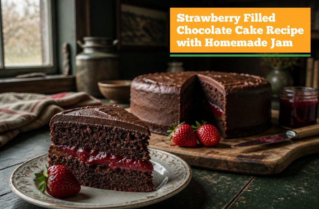 Chocolate cake filled with strawberry jam and topped with fresh strawberries